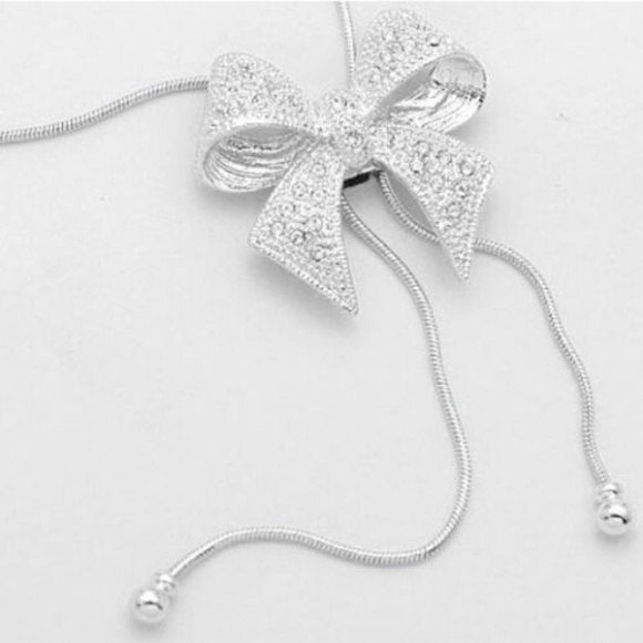 New Crystal Bow Necklace Silver Adjustable Lariat - Picture 3 of 5
